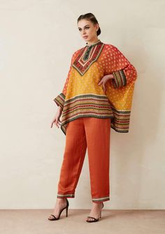 Rajdeep Ranawat-Orange Printed Tunic With Palazzo-INDIASPOPUP.COM Navratri Kurti, Smart Clothing, Lawn Ideas, Rajdeep Ranawat, Short Tunic, Short Kaftan, Tunics Online, Short Kurta, Cord Set