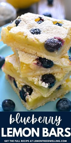 blueberry lemon bars stacked on top of each other with the title text overlay