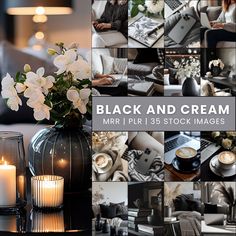 a black and cream photo collage with white flowers in a vase next to a candle