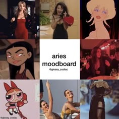 there are many pictures of women with different expressions on their faces and body parts, including the words aries moodboard