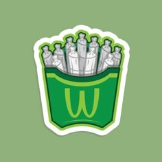 a sticker with the letter u in it's green bag filled with silver bottles