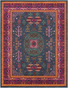 a colorful rug with an intricate design on the center and bottom, surrounded by other decorative elements