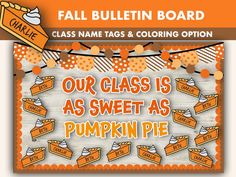 a bulletin board with an orange and white theme for fall bulletin boards that include pumpkins,