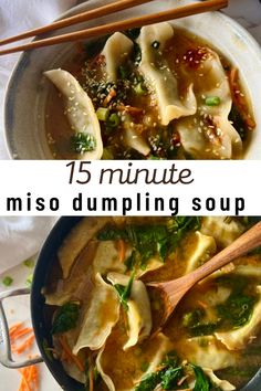 a bowl filled with dumplings and vegetables next to chopsticks