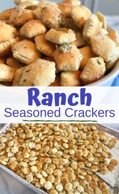 ranch seasoned crackers in a white bowl and on a blue tablecloth with text overlay