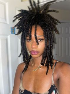 90s Hairstyles On Locs, Medium Sized Locs On Black Women, Fine Hair Locs Black Women, Locs With Layers, Alternative Loc Styles, Claw Clip Hairstyles Locs, Goth Locs, Messy Locs Hairstyles, 90s Locs Hairstyles