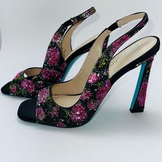 Unique And Eye Catching Betsy Johnson Slingback Heels, Size 7.5 Floral Print Heal With Satin Upper Material With Stones, Synthetic Lining/Sock, Betsey Blue Synthetic Sole, 4.25" Heel Height Style Name: Sb-Mina Betsey Johnson Shoes, Slingback Heels, Betsy Johnson, Slingback Heel, Betsey Johnson, Pink Floral, Shoes Women Heels, Heel Height, Shoes Heels