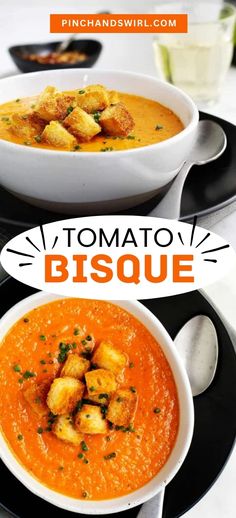 two bowls of tomato bisque with text overlay that reads, tomatoo bisque