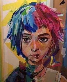 a painting of a woman with colorful hair