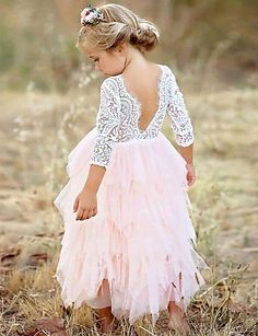 Kids Girls' Basic Daily Solid Colored Lace Layered Long Sleeve Dress White / Cotton Long Sleeve Dress White, Robe Fuchsia, Ivory Lace Top, Sweet Party, Tulle Flower Girl, Tulle Flowers, Layered Long Sleeve, White Princess