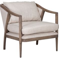 a wooden chair with a white pillow on it's back and armrests