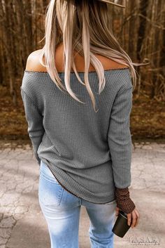 Lasaky - Gray Ribbed Off Shoulder Long Sleeve Top Off Shoulder Long Sleeve Top, Ribbed Long Sleeve Top, Tops Long Sleeve, Loose Fitting Tops, Tie Blouse, Loose Blouse, Olivia Mark, Waffle Knit, Affordable Fashion