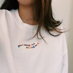 Our 'Good Things Are Coming Soon' embroidered rainbow lettering unisex heavy-blend sweatshirt is made with air-jet spun yarn for a soft and comfy fit. heavy-blend Unisex fit. We are a small business and all our items are made as ordered, so items can take around 3-8 business days to ship out our embroidered sweatshirts - but we will try our best to make sure our packages get to their new homes as soon as possible! Thank you for understanding. Please reference our sizing chart pictured in the pho Casual Rainbow Crew Neck Sweatshirt, Rainbow Cotton Crew Neck Sweatshirt, White Trendy Sweatshirt With Embroidered Text, Trendy White Sweatshirt With Embroidered Text, Wavy Rainbow, Rainbow Lettering, Embroidered Rainbow, Simple Sweatshirt, Good Things Are Coming