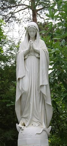 a statue of the virgin mary in front of some trees