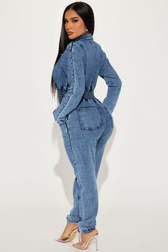 Available In Denim And Black. Denim Jumpsuit Collar Long Sleeve Front Zipper Pockets Jogger Stretch Disclaimer: Due To The Specialized Wash Process, Each Garment Is Unique. 95% Cotton 5% Spandex Imported | Not Too Late Denim Jumpsuit in Medium Wash by Fashion Nova High Rise Stretch Denim Jumpsuit, Stretch Denim Blue Overalls, Blue Stretch Denim Jumpsuits And Rompers, Stretch Denim Blue Jumpsuit Overall, Trendy Long Sleeve Denim Jumpsuit In Medium Wash, Stretch Denim Overalls In Blue, Trendy Long Sleeve Medium Wash Denim Jumpsuit, Stretch Medium Wash Overalls, Fitted Denim Jumpsuits And Rompers With Long Sleeve