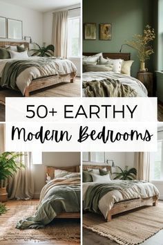 a collage of photos with the words 50 + earthy modern bedroom designs