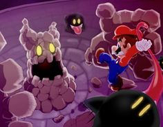 an image of mario and luigi running in the dark with other characters behind him,