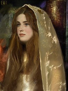 a painting of a woman with long hair wearing a veil and looking off into the distance