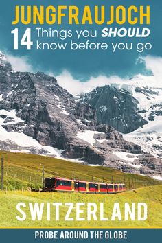 a train traveling through a lush green field next to snow covered mountain range in the background