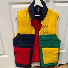 Brand New No Tags!! Multicolor Outerwear With Pockets For Cold Weather, Winter Yellow Patchwork Outerwear, Yellow Patchwork Outerwear For Winter, Winter Yellow Color Block Outerwear, Sporty Multicolor Outerwear With Pockets, Yellow Color Block Outerwear For Spring, Spring Yellow Color Block Outerwear, Sporty Yellow Outerwear For Winter, Tommy Hilfiger Jackets