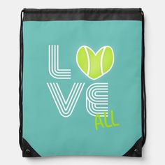 a drawsack bag with the words love and tennis ball in white on a blue background