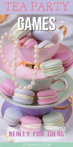 a stack of pink and green macaroons on top of each other with the words tea party games