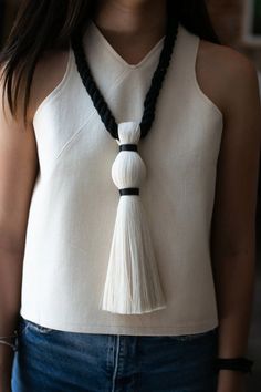 Bruja Necklace - Natural – Nomad Chic African Beads Necklace, Tassel Necklace Boho, Textile Necklace, Witch Necklace, Linen Top Women, Thread Necklace, Rope Jewelry, Art Jewelry Contemporary, Fiber Jewelry