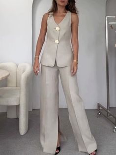 Dressy Vest Women, Ladies Summer Suits, Luxury Straight Pant Set For Formal Occasions, Luxury Chic Strapless Jumpsuit For Work, Elegant Suits For Women Summer, Elegant Sleeveless Blazer, Cheap Elegant Vest For Day Out, Affordable Sleeveless Party Vest, Accessories For Semi Formal Attire