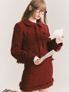 ❤Little Cherry Tweed Jacket + Tweed Tight Skirt❤︎
 Please allow 3-4 weeks for delivery. Chic Wool Skirt Suit With Long Sleeves, Fitted Tweed Skirt Suit With Long Sleeves, Winter Tweed Skirt Suit With Long Sleeves, Chic Winter Skirt Suit With Pockets, Workwear Tweed Dress With Pockets, Tweed Dress With Pockets For Work, Tweed Workwear Dress With Pockets, Chic Wool Skirt Suit For Fall, Fall Tweed Long Sleeve Skirt Suit