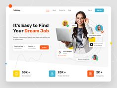 the landing page for dream job, which is designed to look like a woman holding a laptop