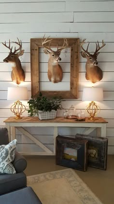 three deer heads mounted on the wall above a table with two lamps and a couch