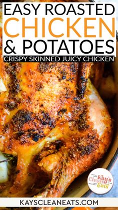 easy roasted chicken and potatoes recipe with text overlay