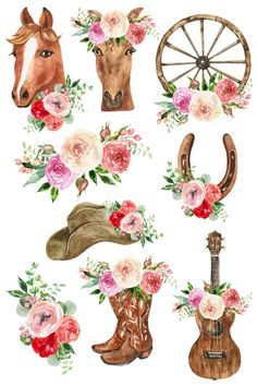 watercolor horse head and flowers on a white background with an old wooden wheel, flower arrangement, and cowboy boots