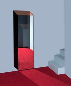 an empty room with red carpet and white steps leading up to the exitway,