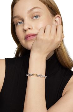 This chunky chain bracelet features alternating twisted and smooth sterling silver links with an 18-karat gold center link adding a touch of polished contrast. Push-clasp closure Sterling silver/18k gold Imported 18k Gold Bracelet, Cable Bracelets, Small Bracelets, Women's Bracelets, Gold Bracelet Chain, Rose Gold Bracelet, Yellow Gold Bracelet, Yellow Gold Chain, Recycled Sterling Silver