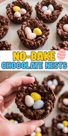 no - bake chocolate nests with candy eggs in the middle on a plate