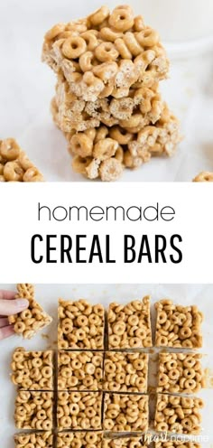 homemade cereal bars stacked on top of each other with the words, homemade cereal bars