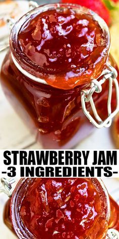 two jars filled with strawberry jam sitting next to each other