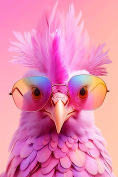 a colorful bird with glasses on it's head and pink feathers in the background