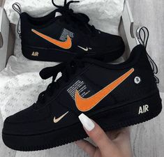 The Orange Black Custom Air Force 1 offers a unique fashion statement with its vibrant orange and black color scheme. Made from premium materials, these all-purpose shoes are comfortable and easy to wear. The stylish design complements any outfit, perfect for any occasion. - Exactly as shown in the pictures. - Brand New & Authentic. 💯  - Hand Painted with attention to detail. 👨‍🎨  - Waterproof and Flexible. ❤️  - Unisex model. Please refer to the Size Chart. - F Neon Nike Shoes, Jordan Shoes Girls, Custom Nike Shoes, All Nike Shoes, Purple Sneakers, Custom Air Force 1, Nike Air Shoes, Zig Ziglar, Cute Nike Shoes