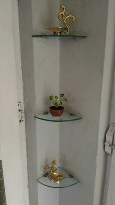 three shelves with plants on them in the corner of a room that is painted white and has gold trim