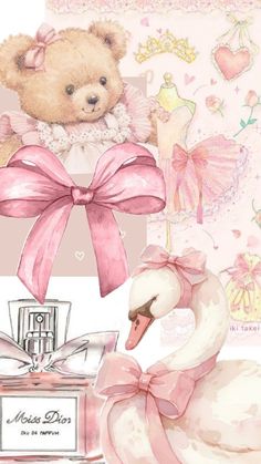 a teddy bear sitting on top of a swan next to a bottle of pink perfume