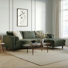 a living room scene with focus on the couch and coffee table in the center area