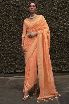 Dazzling Orange Color Weaving Work Saree In Chinon Fabric Engagement Saree, Orange Saree, Peach Blouse, Salwar Dress, Fancy Saree, Dress Salwar Kameez, Ethnic Sarees, Lehenga Collection, Party Wear Indian Dresses