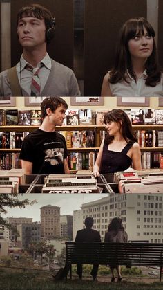 two people sitting on a bench in front of a book shelf with books and magazines