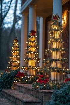 lighted christmas trees on the front steps of a house