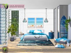 a bedroom is shown with surfboards on the wall and blue furniture in the foreground