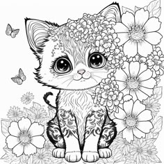 a black and white drawing of a cat with flowers on it's head, surrounded by butterflies