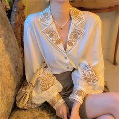 Portrait of a picture displaying Women's Golden Embroidery Shirt product. Women Blouses Fashion, Elegant Embroidery, Floral Embroidered Top, Long Sleeve Floral Top, Elegant Blouses, Inspired Outfits, 가을 패션, Vintage Shirt, Vintage Shirts