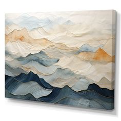 an abstract painting with blue, beige and white waves